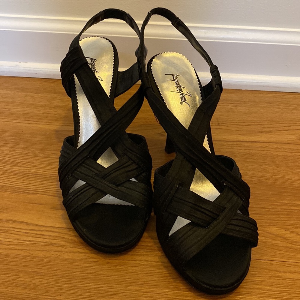 Strappy black sandal, satin, platform, stiletto heel